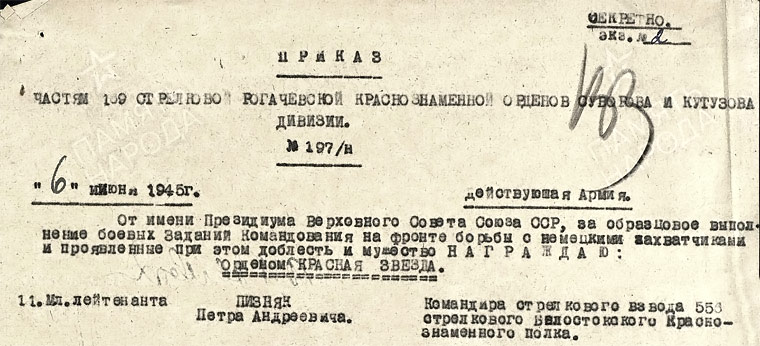 Приказ о награждении, Пизняк Петр Андреевич